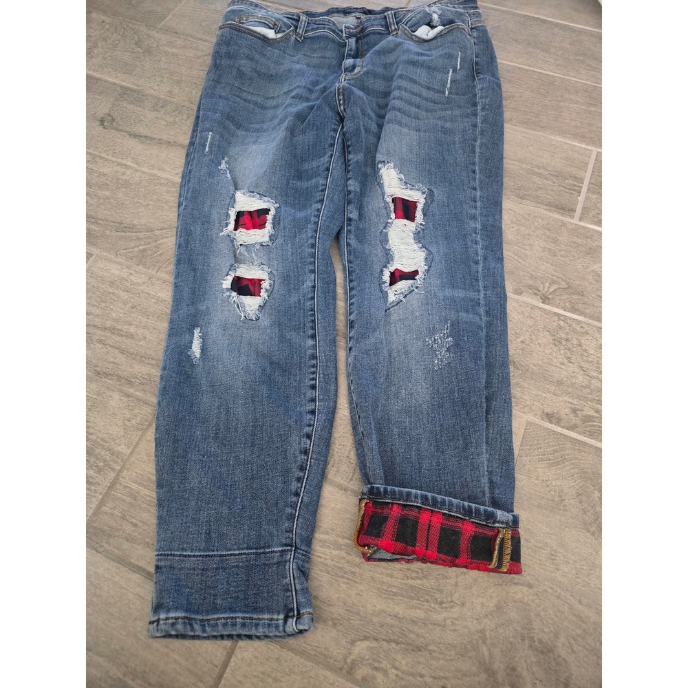 Judy Blue Skinny Fit Distressed Buffalo Plaid Flannel Detail Cuff Jeans Blue 20W